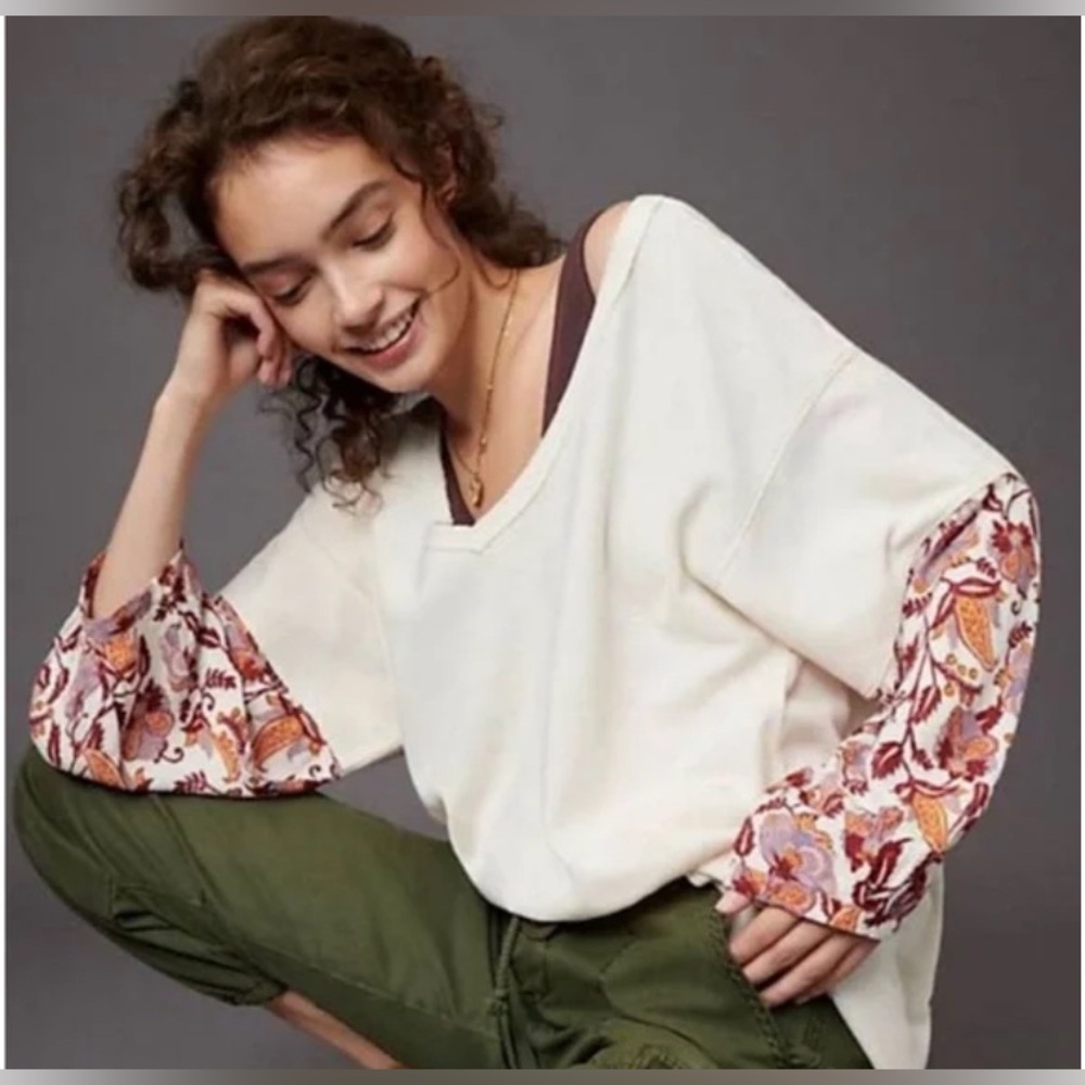 Anthropologie Annette waffle knit oversized sleeves‎ floral boho romantic size S